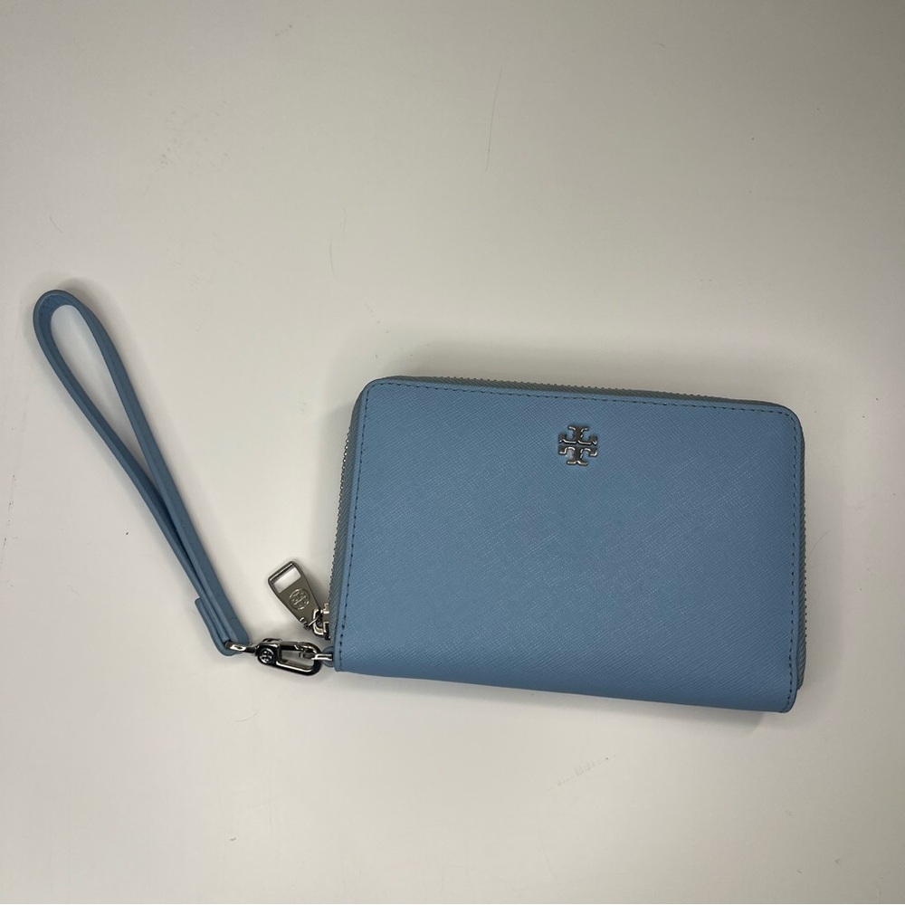TORY BURCH Light Blue Saffiano Zip Around Wrist Wallet - Picture 2 of 10